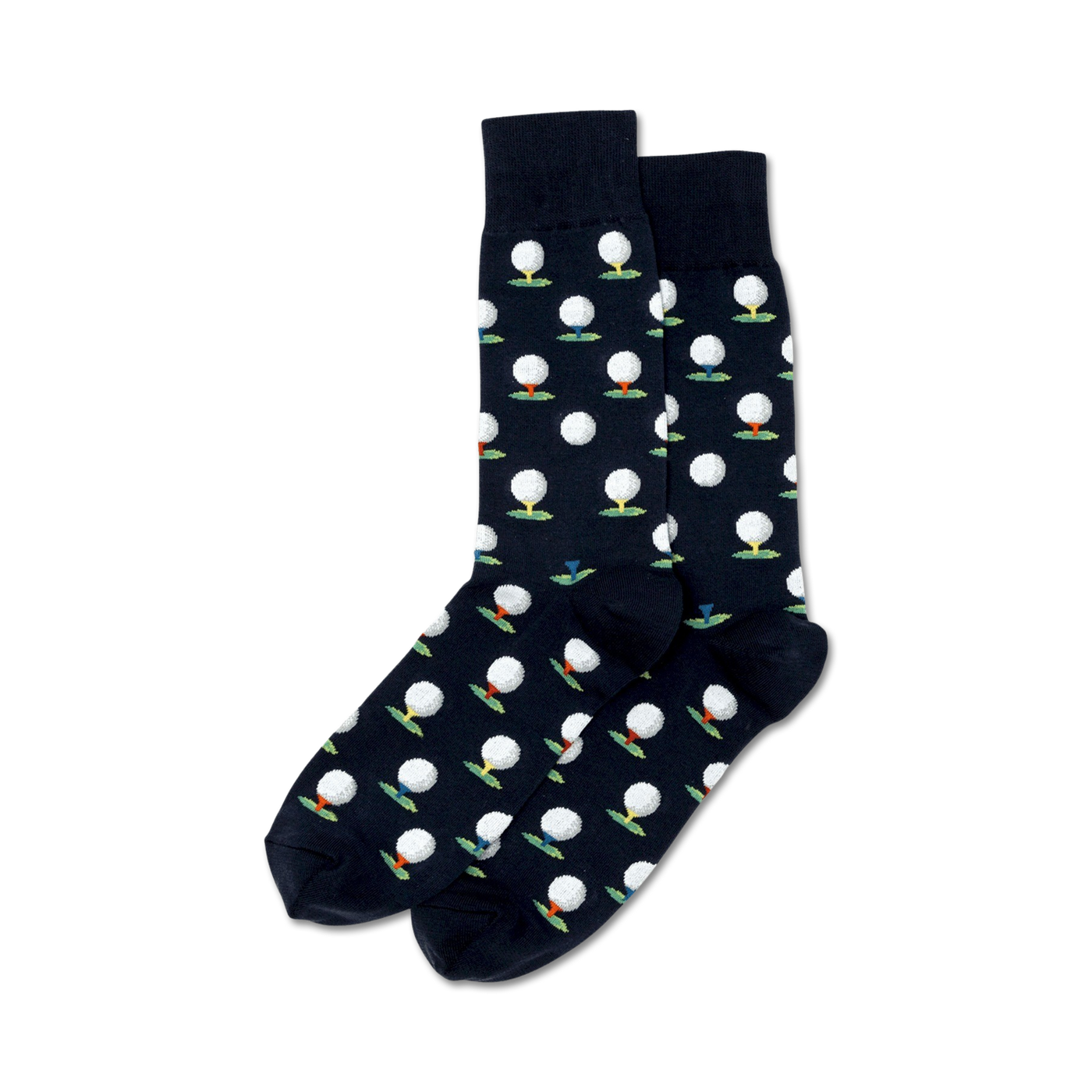 Pair of navy blue crew socks with a repeating pattern of white golf balls on colorful tees.