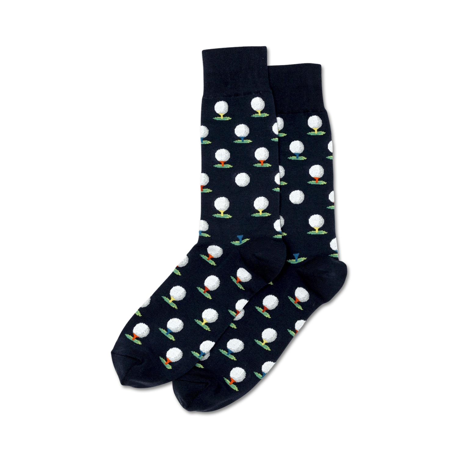 Pair of navy blue crew socks with a repeating pattern of white golf balls on colorful tees.