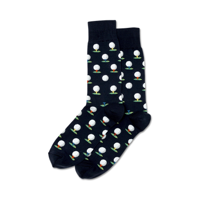 Pair of navy blue crew socks with a repeating pattern of white golf balls on colorful tees.