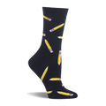 Single crew sock on a white background, featuring yellow pencils with pink erasers scattered on a dark navy fabric.
