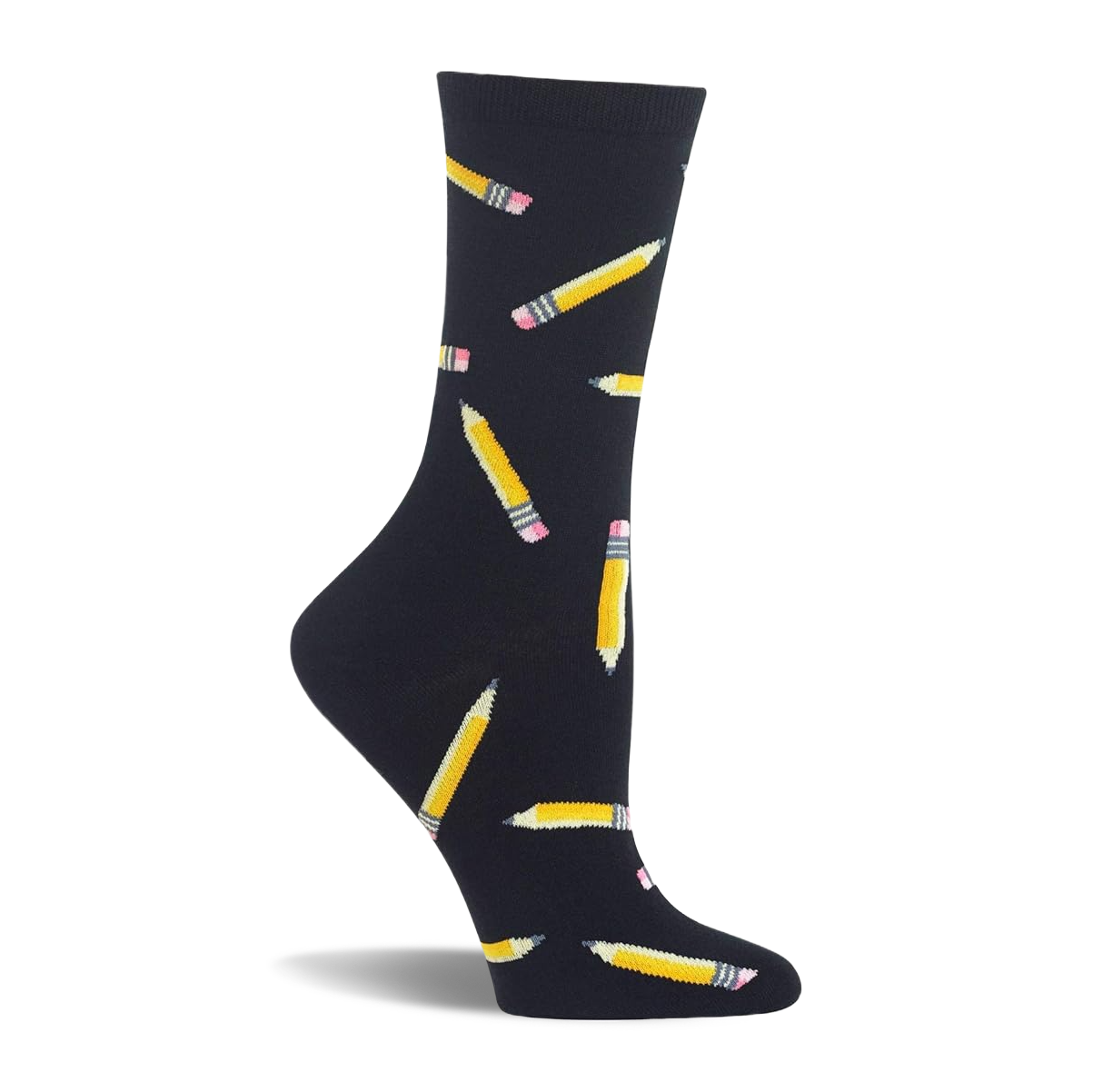 Single crew sock on a white background, featuring yellow pencils with pink erasers scattered on a dark navy fabric.
