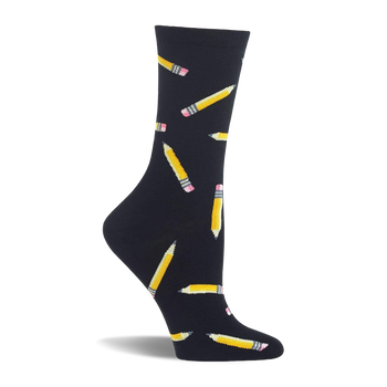 Single crew sock on a white background, featuring yellow pencils with pink erasers scattered on a dark navy fabric.