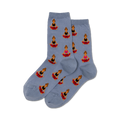 Pair of women's crew socks in dusty blue.  The socks are adorned with a repeating pattern of illustrated women in yoga poses, wearing black and pink tops and red bottoms.