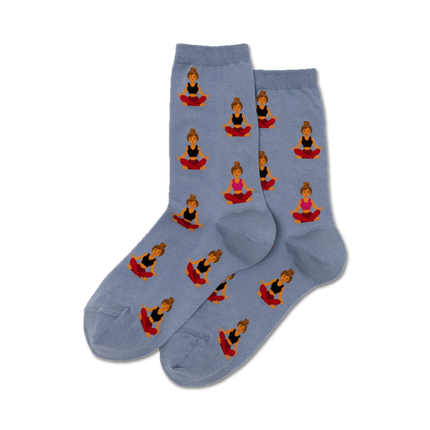 Pair of women's crew socks in dusty blue.  The socks are adorned with a repeating pattern of illustrated women in yoga poses, wearing black and pink tops and red bottoms.