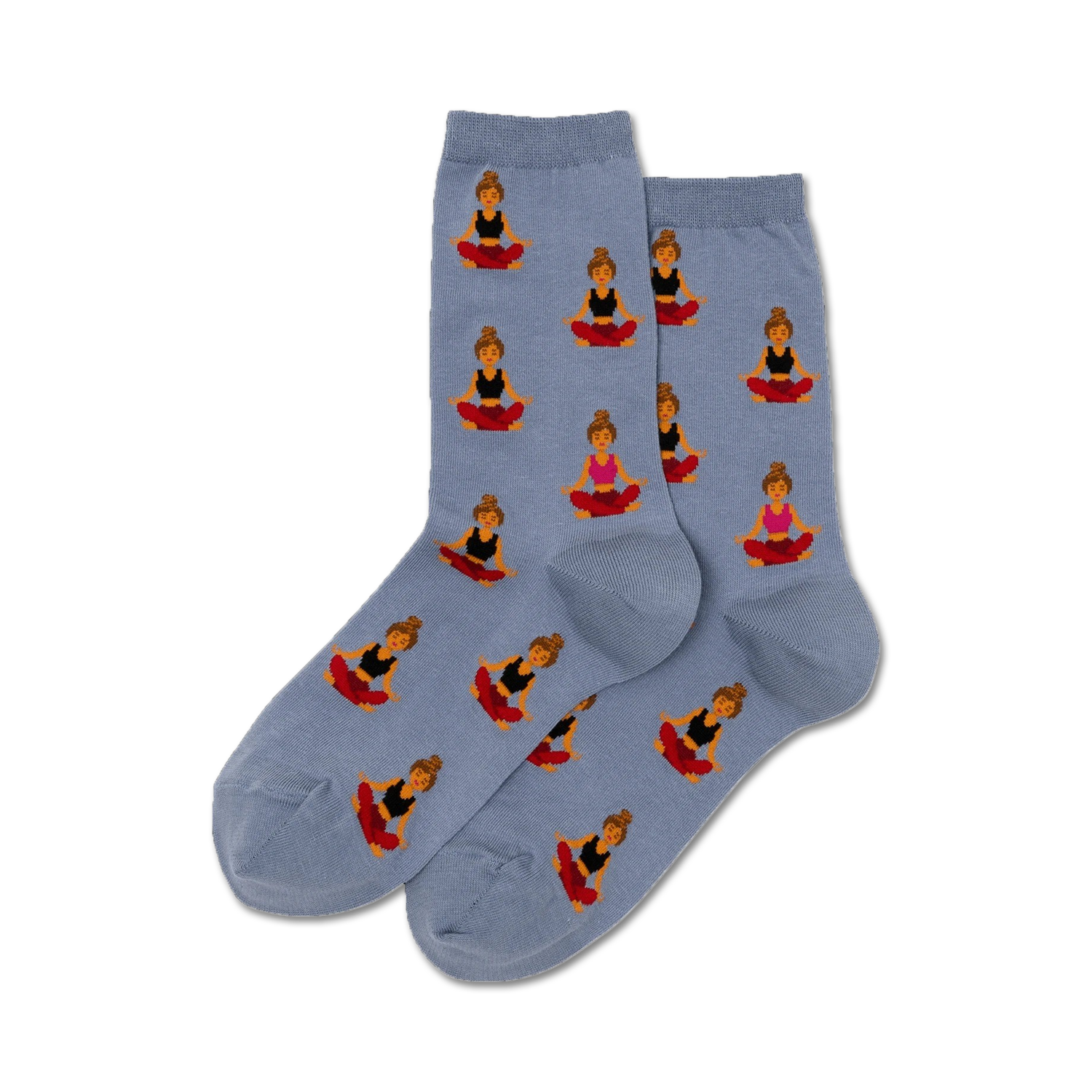 Pair of women's crew socks in dusty blue.  The socks are adorned with a repeating pattern of illustrated women in yoga poses, wearing black and pink tops and red bottoms.
