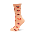 Stylish peach sock featuring an all-over print of colorful red, orange, and pink lips.