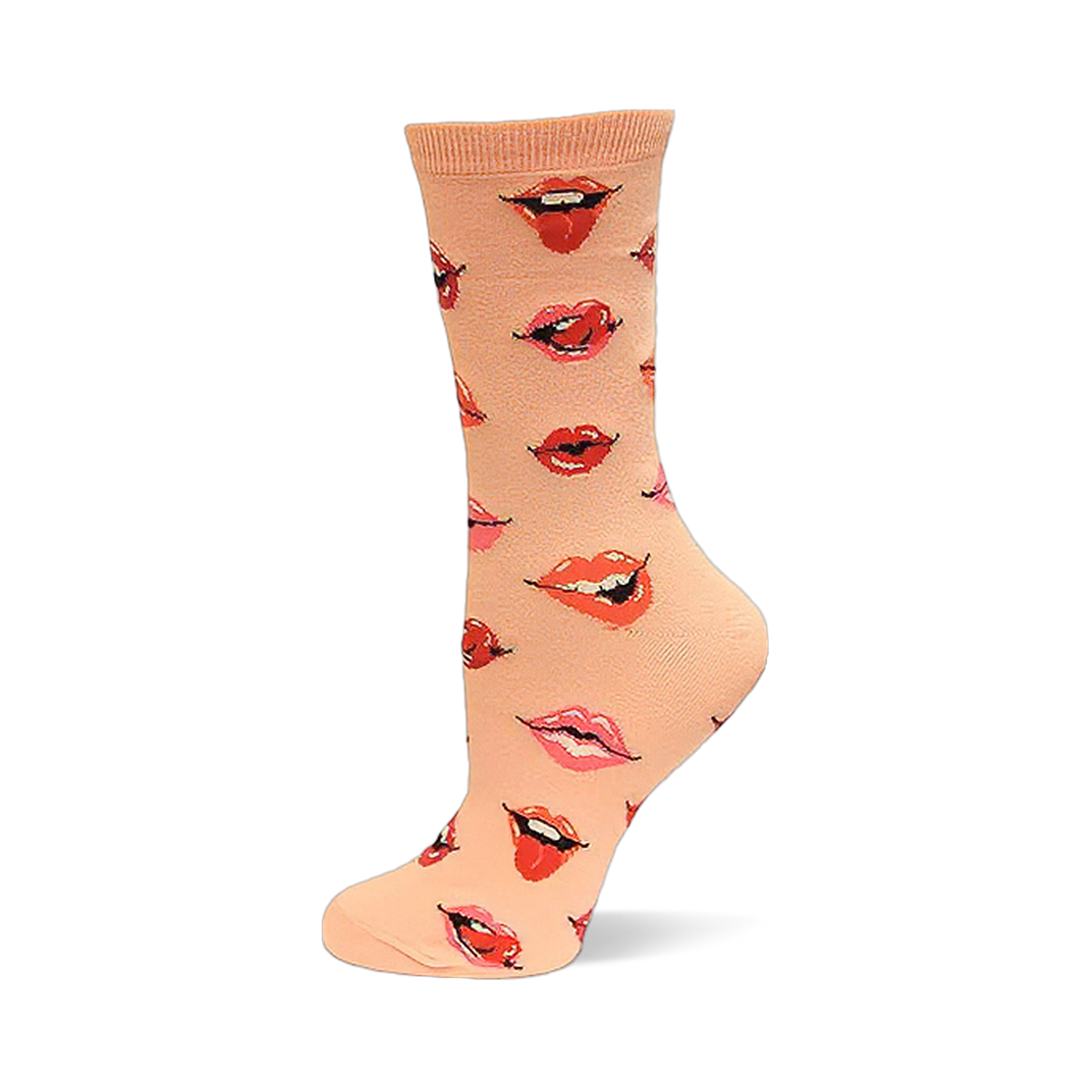 Stylish peach sock featuring an all-over print of colorful red, orange, and pink lips.