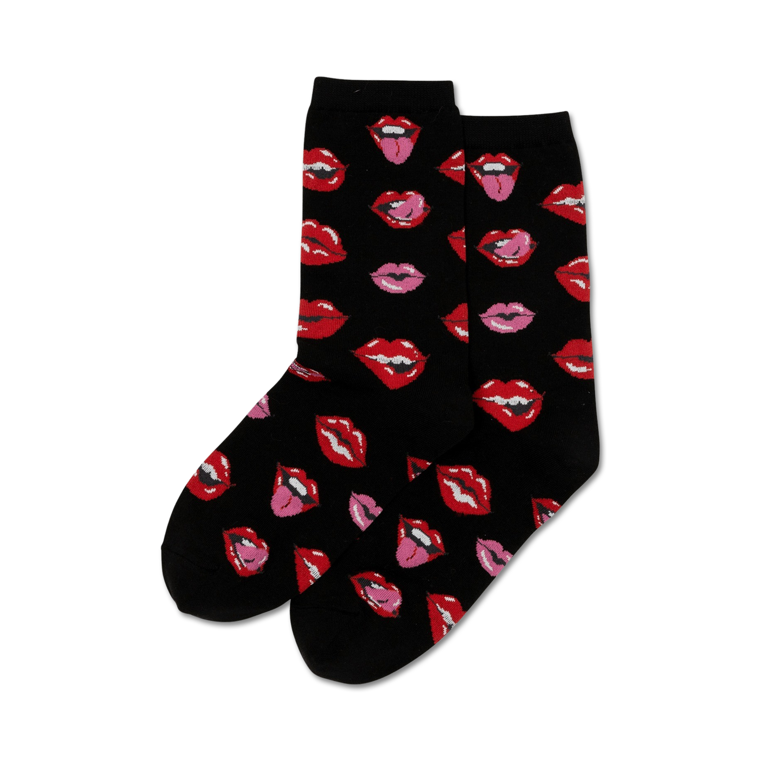 Pair of black crew socks with a repeating pattern of red and pink lips, some with tongues sticking out.