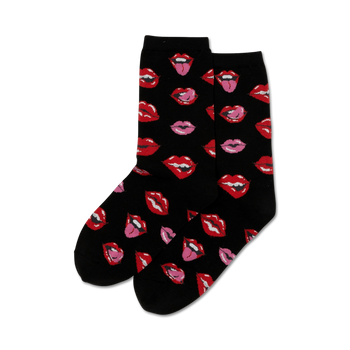 crew socks for women showcasing a vibrant lip pattern in red and pink, made to express love and affection.    