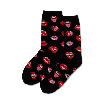Pair of black crew socks with a repeating pattern of red and pink lips, some with tongues sticking out.