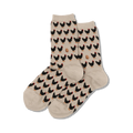 Pair of beige crew socks with a repeating pattern of black chickens and brown eggs.