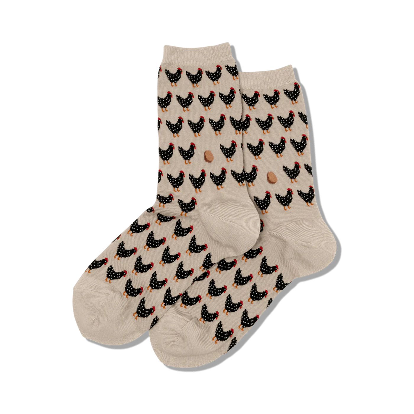 Pair of beige crew socks with a repeating pattern of black chickens and brown eggs.