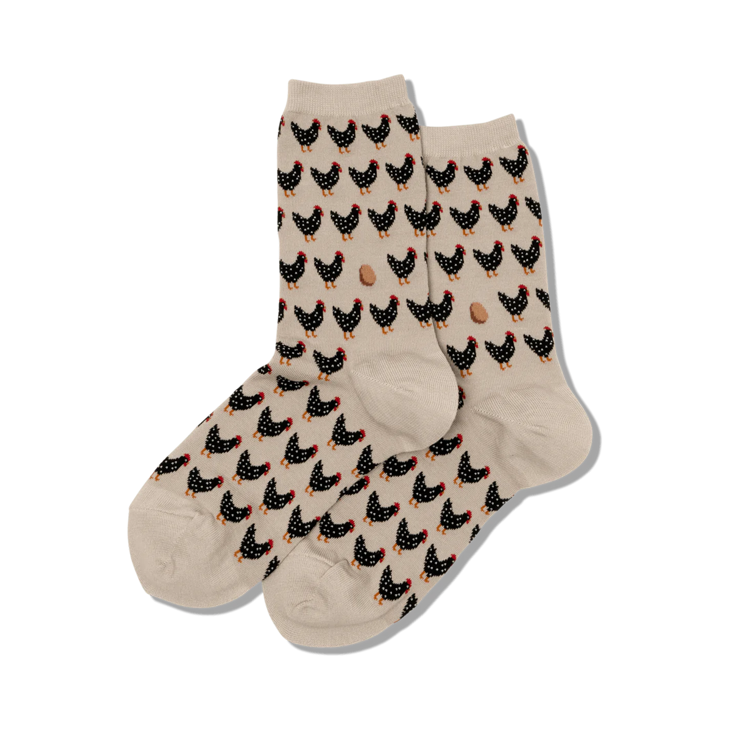 Pair of beige crew socks with a repeating pattern of black chickens and brown eggs.