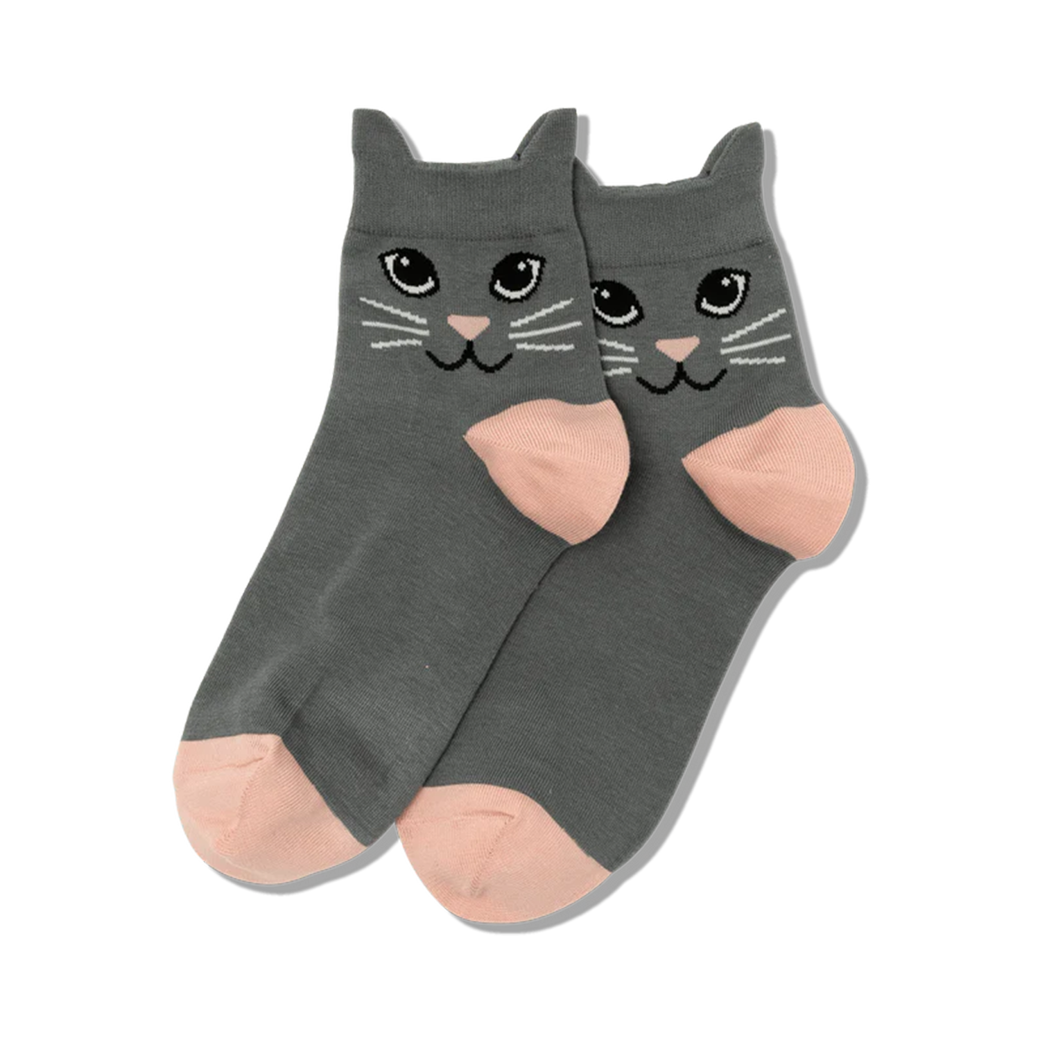 Pair of grey ankle socks with pink toes and adorable cat faces.  The cats have grey fur, white whiskers, and black eyes.