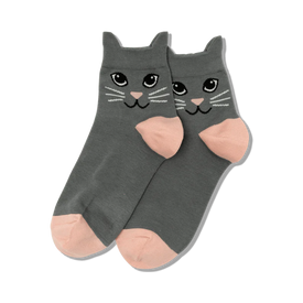 gray crew socks featuring black cat ears, pink inner ears, black whiskers, a pink nose, pink toes and heels.  