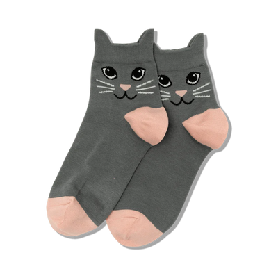 Pair of grey ankle socks with pink toes and adorable cat faces.  The cats have grey fur, white whiskers, and black eyes.