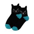A close-up shot of a pair of black ankle socks with teal toes and cat faces. The cats have black fur, white whiskers, and black eyes.