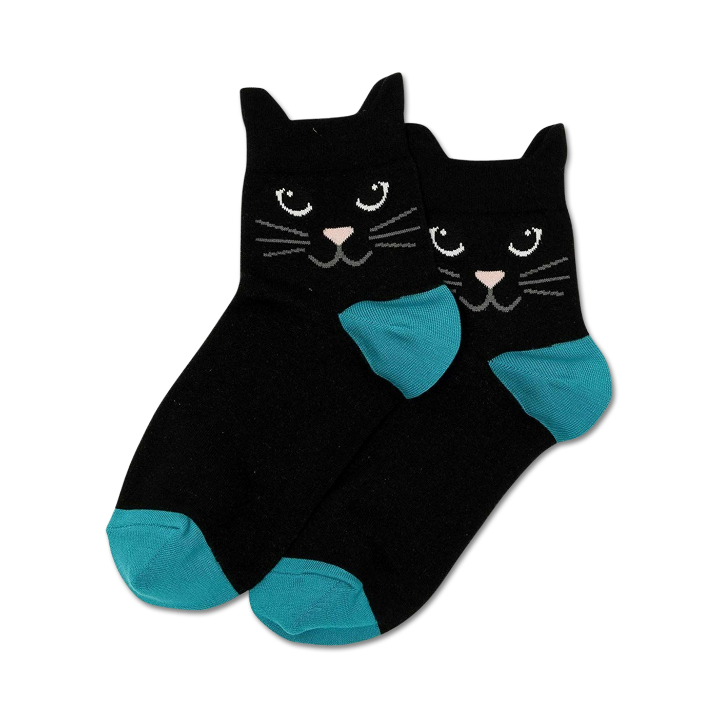 A close-up shot of a pair of black ankle socks with teal toes and cat faces. The cats have black fur, white whiskers, and black eyes.