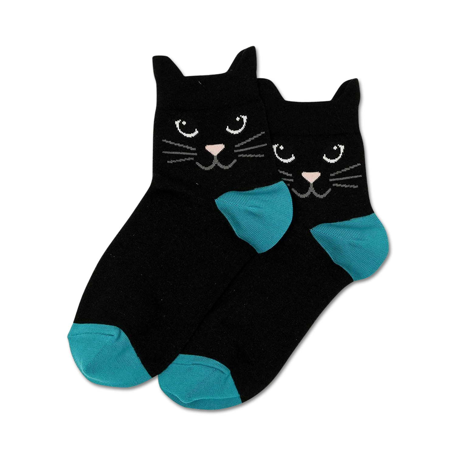 A close-up shot of a pair of black ankle socks with teal toes and cat faces. The cats have black fur, white whiskers, and black eyes.