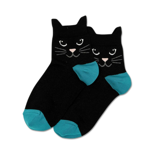 black cat ears crew socks for women: cute smiling cat face design.