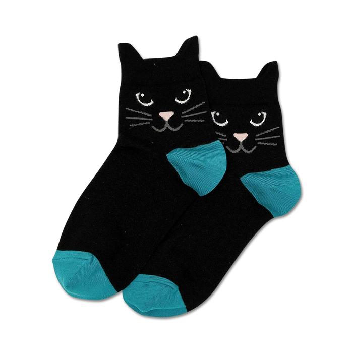 black cat ears crew socks for women: cute smiling cat face design.