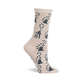Beige crew socks with a repeating pattern of grey and white ring-tailed lemurs with black striped tails.