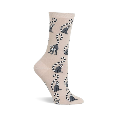 Beige crew socks with a repeating pattern of grey and white ring-tailed lemurs with black striped tails.