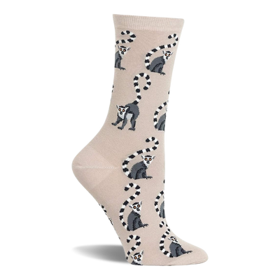 Beige crew socks with a repeating pattern of grey and white ring-tailed lemurs with black striped tails.