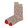 Pair of tan crew socks with a repeating pattern of panda faces wearing red glasses and holding green bamboo shoots. Red toes and heels.