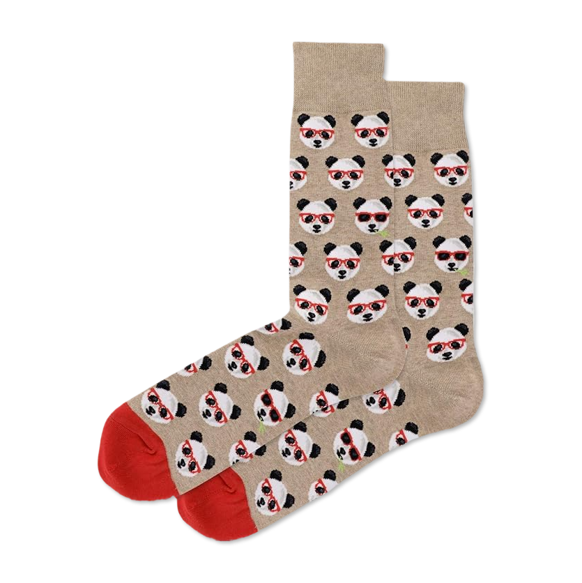 Pair of tan crew socks with a repeating pattern of panda faces wearing red glasses and holding green bamboo shoots. Red toes and heels.