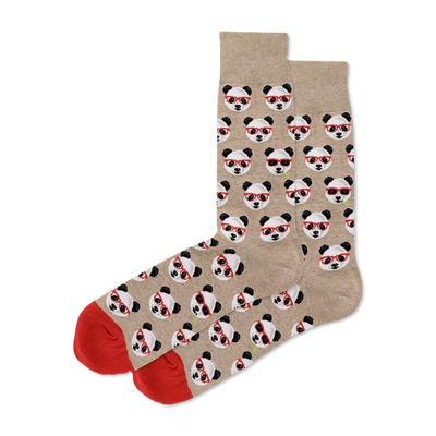 Pair of tan crew socks with a repeating pattern of panda faces wearing red glasses and holding green bamboo shoots. Red toes and heels.