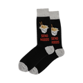 Pair of black crew socks with grey cuffs.  The socks feature a design of takeout containers with noodles and chopsticks and the text 'Send Noods'.