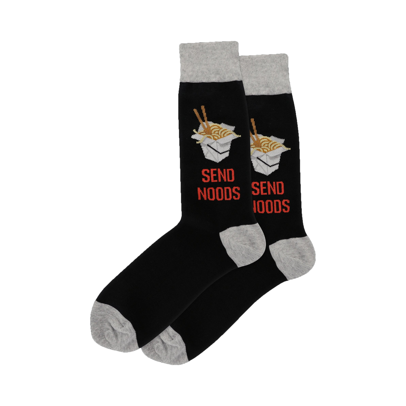 Pair of black crew socks with grey cuffs.  The socks feature a design of takeout containers with noodles and chopsticks and the text 'Send Noods'.