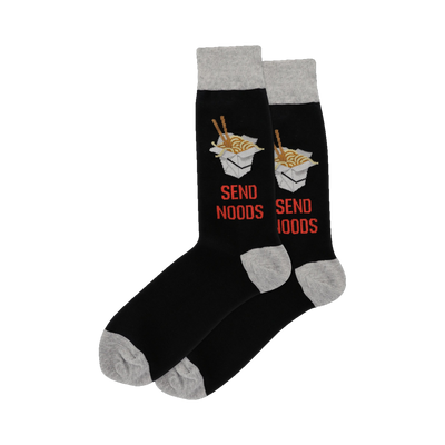 Pair of black crew socks with grey cuffs.  The socks feature a design of takeout containers with noodles and chopsticks and the text 'Send Noods'.