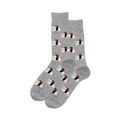 Pair of grey crew socks featuring a repeating pattern of adorable cats disguised as sushi rolls.