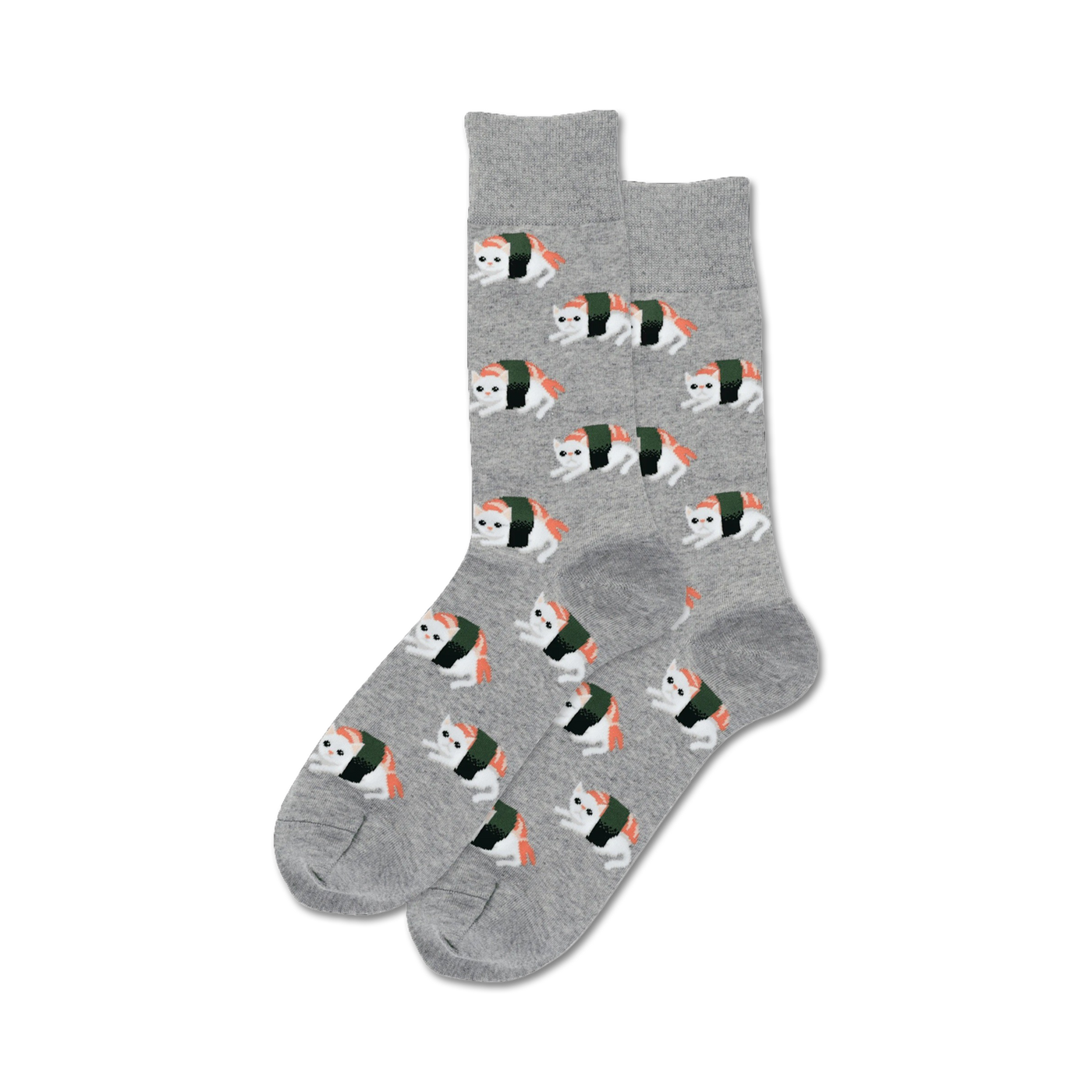 Pair of grey crew socks featuring a repeating pattern of adorable cats disguised as sushi rolls.