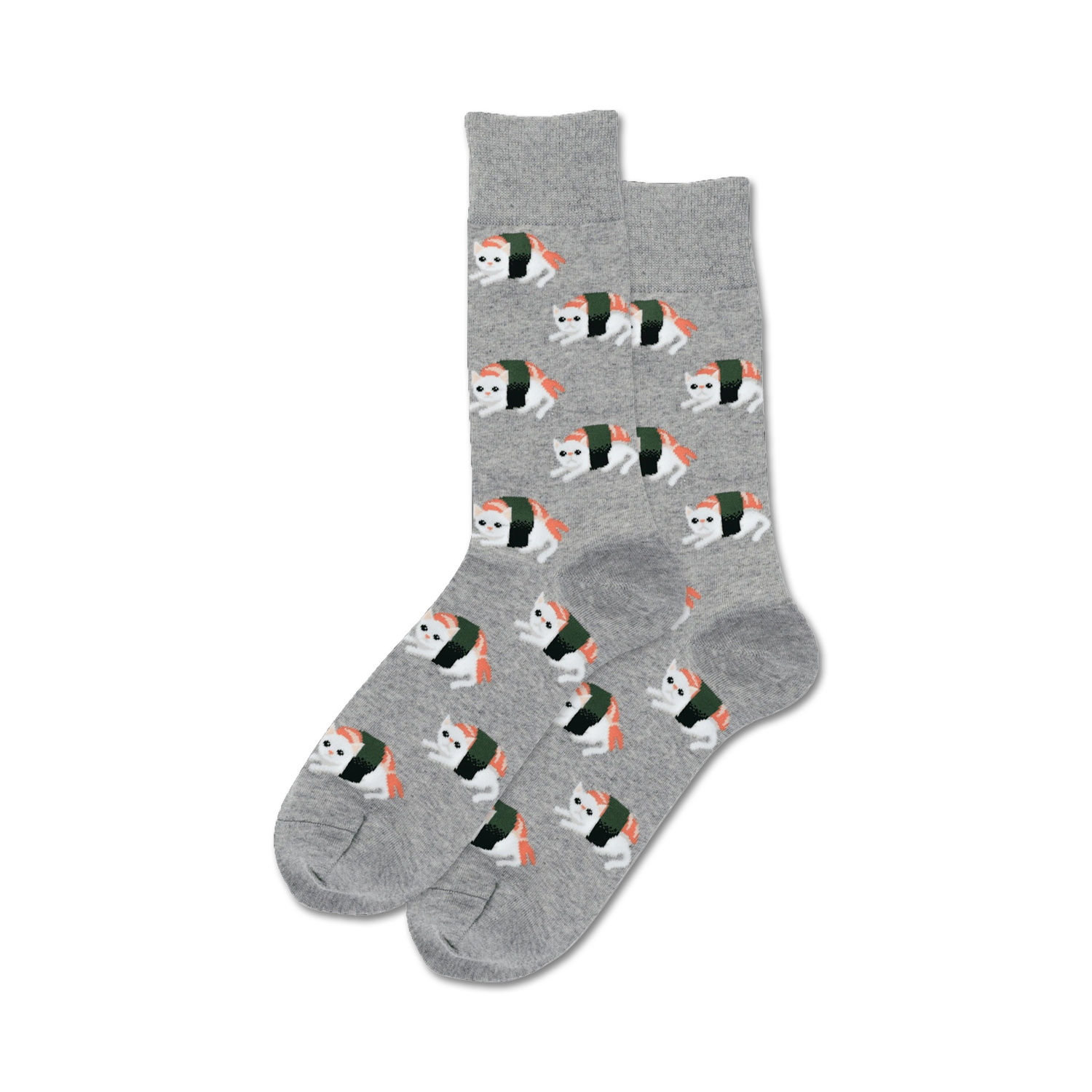 Pair of grey crew socks featuring a repeating pattern of adorable cats disguised as sushi rolls.