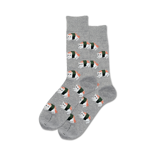 Pair of grey crew socks featuring a repeating pattern of adorable cats disguised as sushi rolls.
