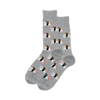 gray sushi cat-patterned crew socks for men, made of a soft and breathable fabric. perfect for casual wear.  