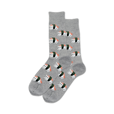 Pair of grey crew socks featuring a repeating pattern of adorable cats disguised as sushi rolls.