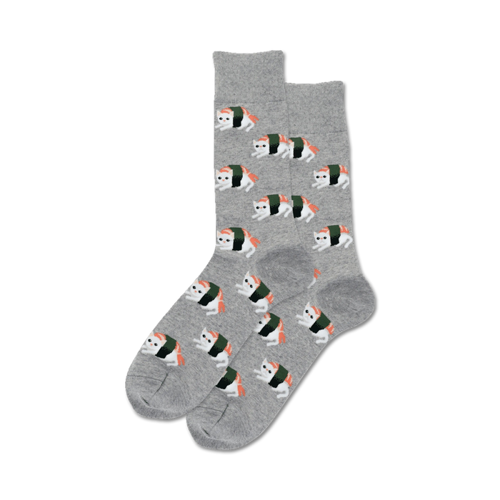 gray sushi cat-patterned crew socks for men, made of a soft and breathable fabric. perfect for casual wear.   }}