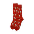 Pair of red crew socks with a repeating pattern of illustrated sake cups and chopsticks. 