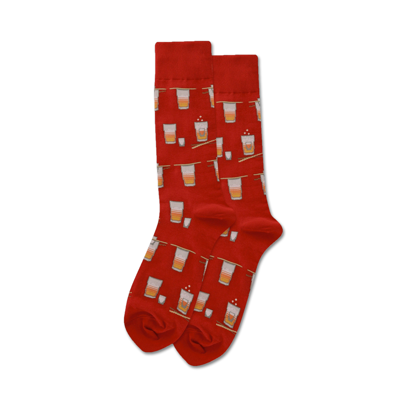 Pair of red crew socks with a repeating pattern of illustrated sake cups and chopsticks. 