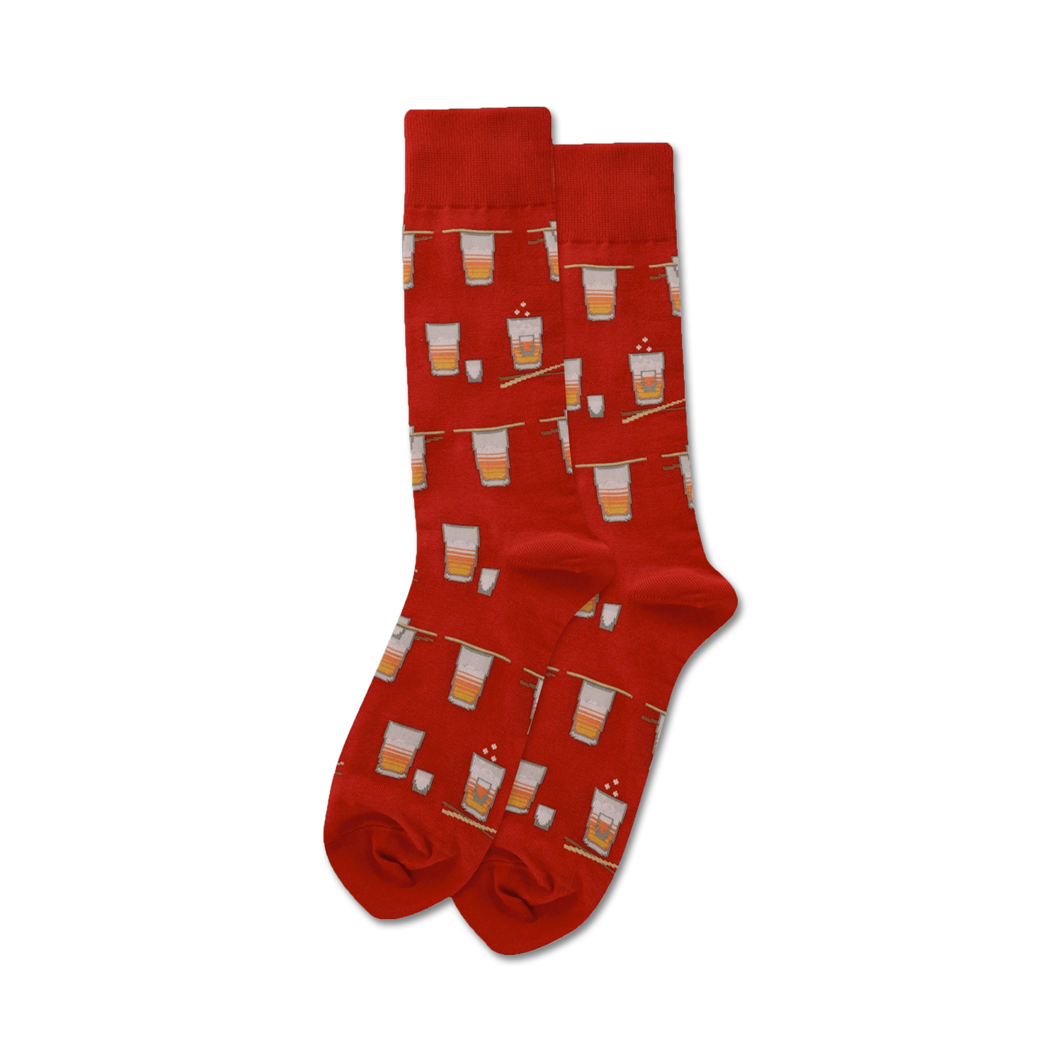 Pair of red crew socks with a repeating pattern of illustrated sake cups and chopsticks. 