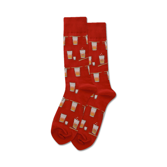 red crew socks with a pattern of sake bombs, made for men. sake not? grab a pair.   }}