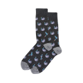 Pair of dark gray crew socks with light gray cuffs, heels, and toes, patterned with purple and teal origami cranes.