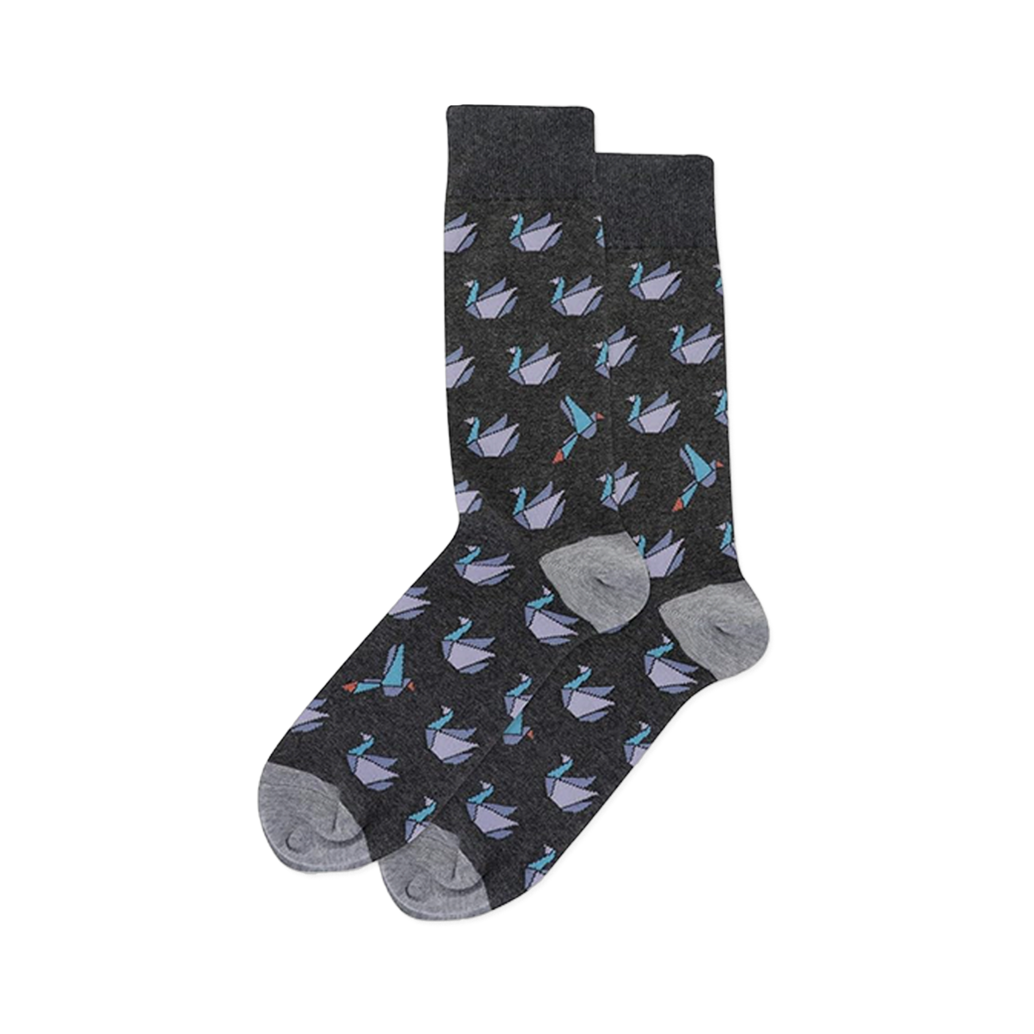 Pair of dark gray crew socks with light gray cuffs, heels, and toes, patterned with purple and teal origami cranes.
