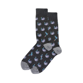 Pair of dark gray crew socks with light gray cuffs, heels, and toes, patterned with purple and teal origami cranes.