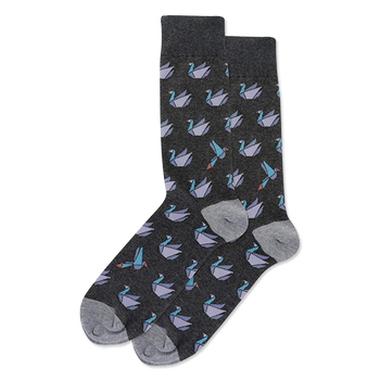 Pair of dark gray crew socks with light gray cuffs, heels, and toes, patterned with purple and teal origami cranes.