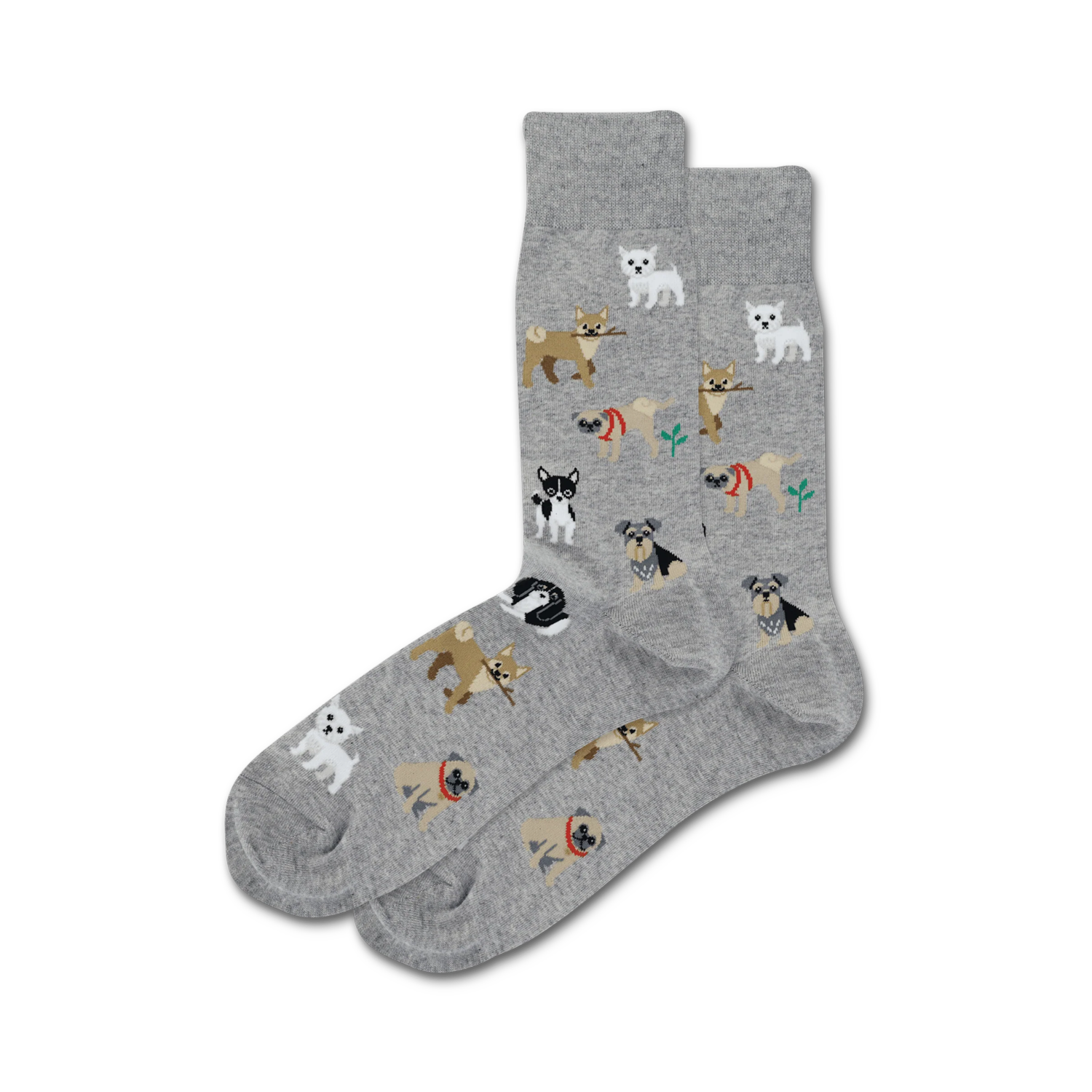 Pair of grey crew socks with illustrated dogs: Chihuahuas, Pugs, and more.  Small green plants are also in the design.
